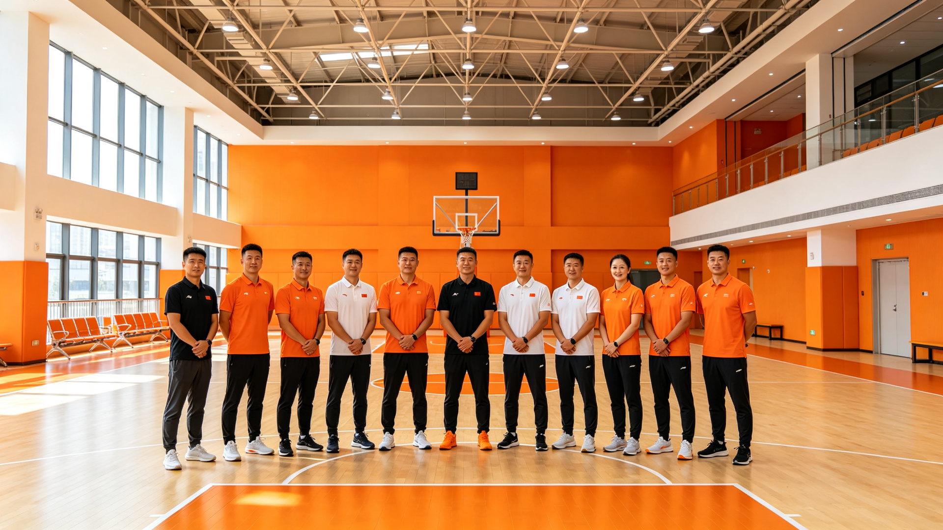 体育场馆内工作人员与教练团队合影